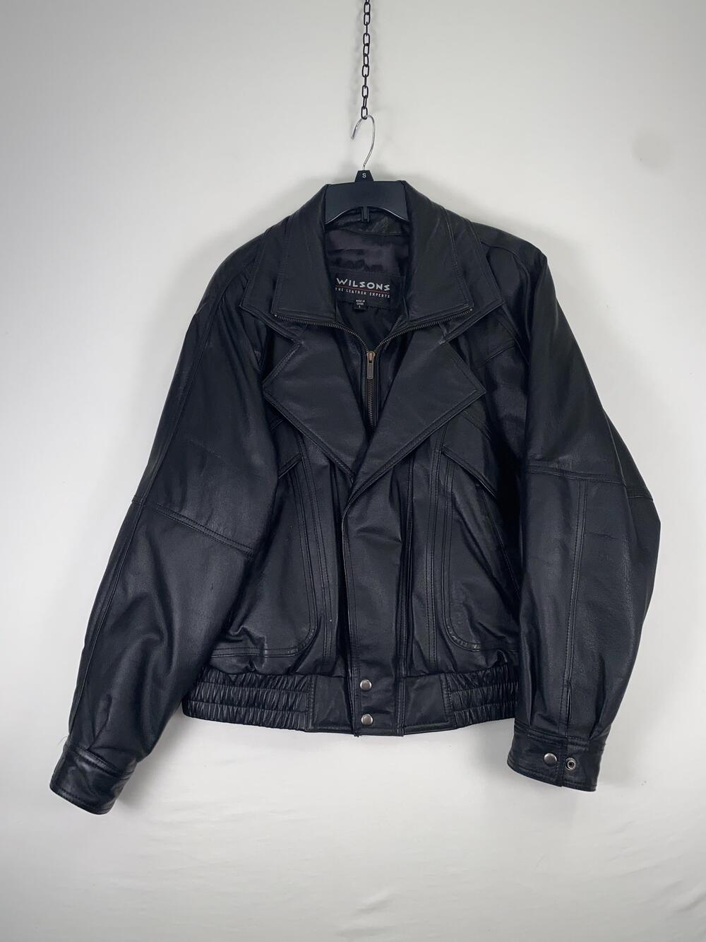 Wilsons Jacket Mens Large Black Leather Bomber Elastic Waist Lined Zip Pockets